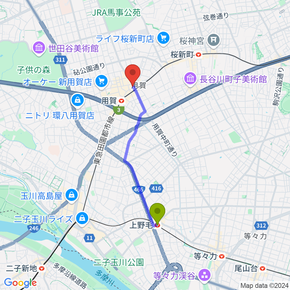 上野毛駅から用賀 お琴・尺八・篠笛教室へのルートマップ地図