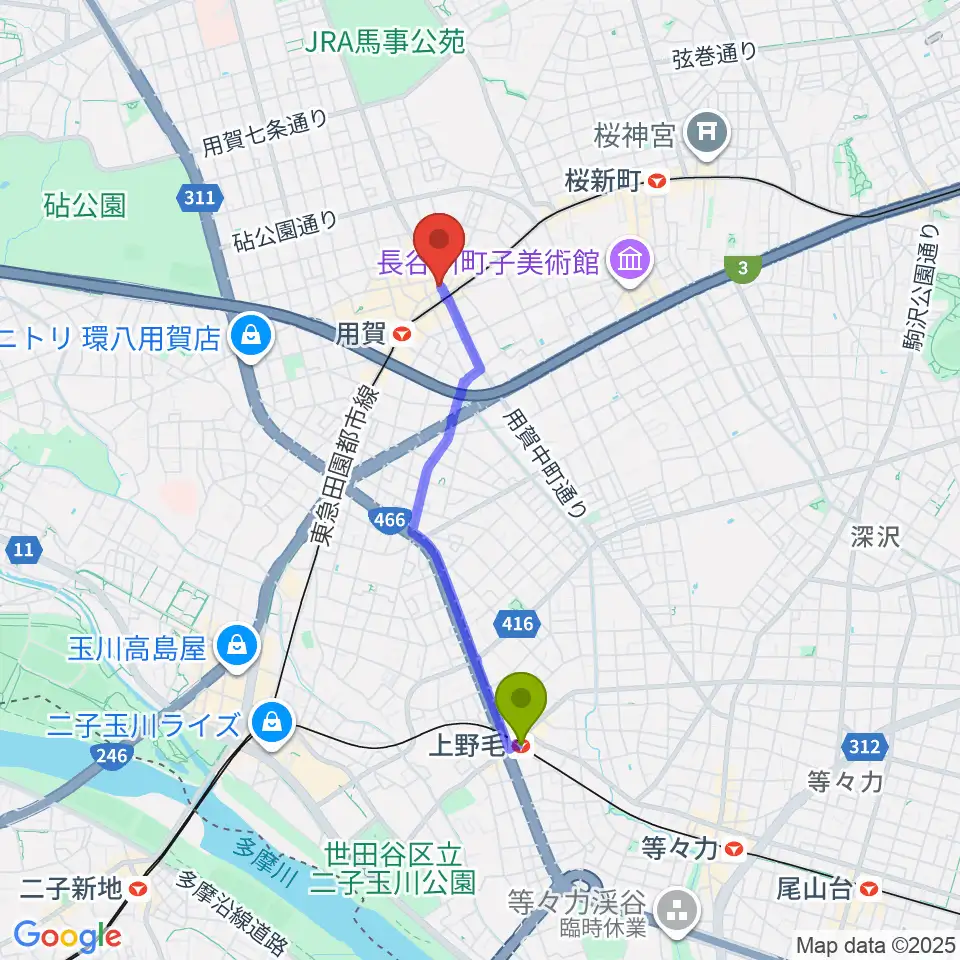 上野毛駅から用賀 お琴・尺八・篠笛教室へのルートマップ地図