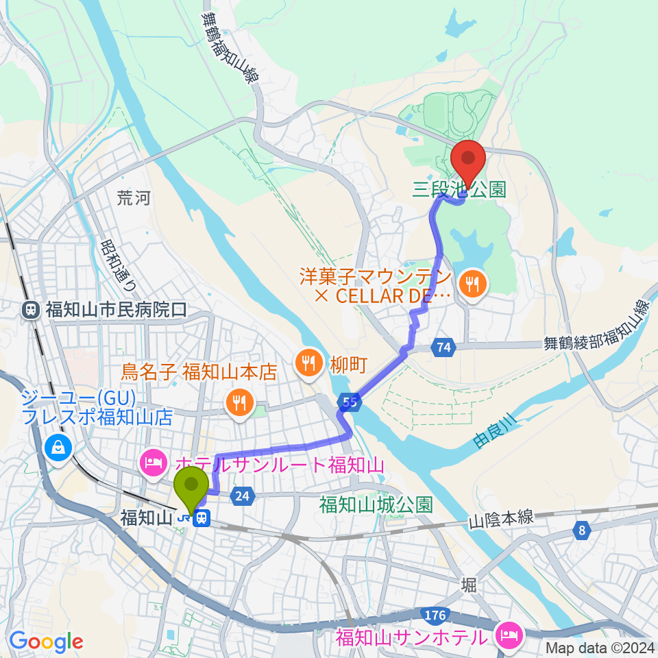 三段池公園総合体育館の最寄駅福知山駅からの徒歩ルート（約41分）地図