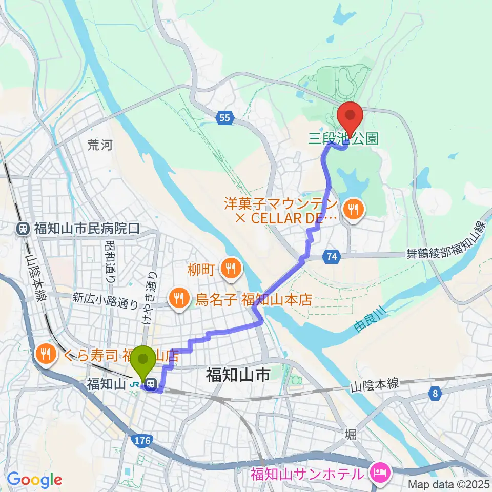 三段池公園総合体育館の最寄駅福知山駅からの徒歩ルート（約41分）地図