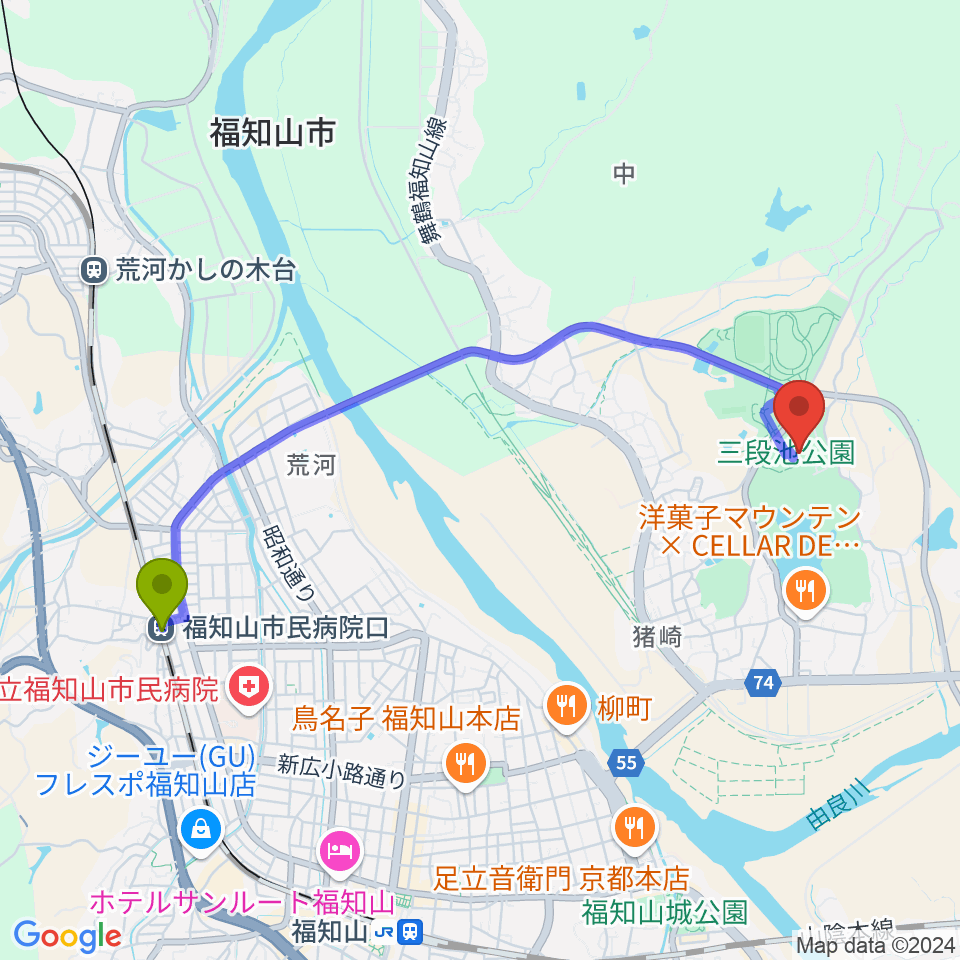 福知山市民病院口駅から三段池公園総合体育館へのルートマップ地図