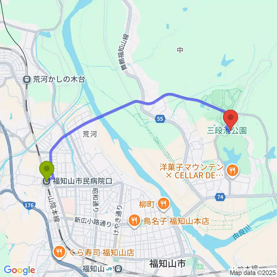 福知山市民病院口駅から三段池公園総合体育館へのルートマップ地図