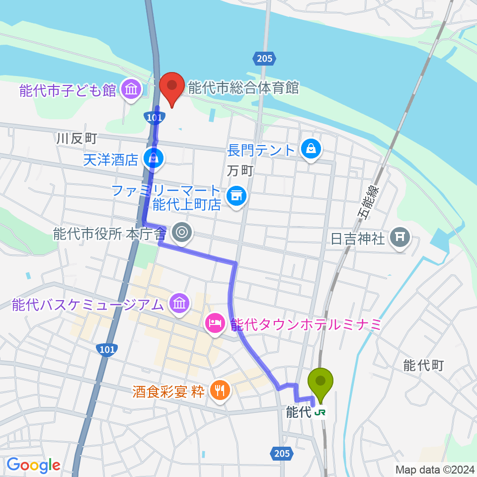 能代市総合体育館の最寄駅能代駅からの徒歩ルート（約20分）地図