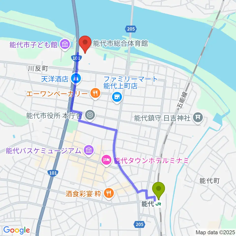 能代市総合体育館の最寄駅能代駅からの徒歩ルート（約20分）地図