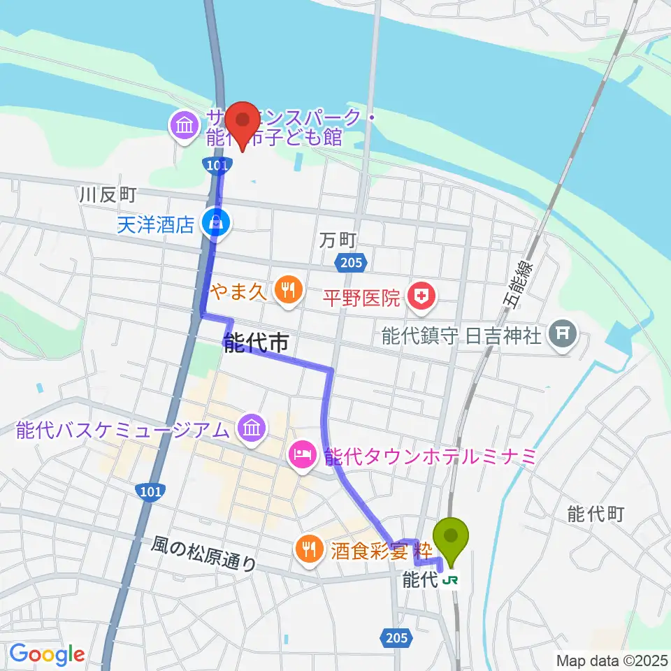 NODENアリーナの最寄駅能代駅からの徒歩ルート（約20分）地図