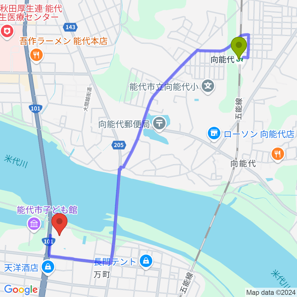 向能代駅から能代市総合体育館へのルートマップ地図