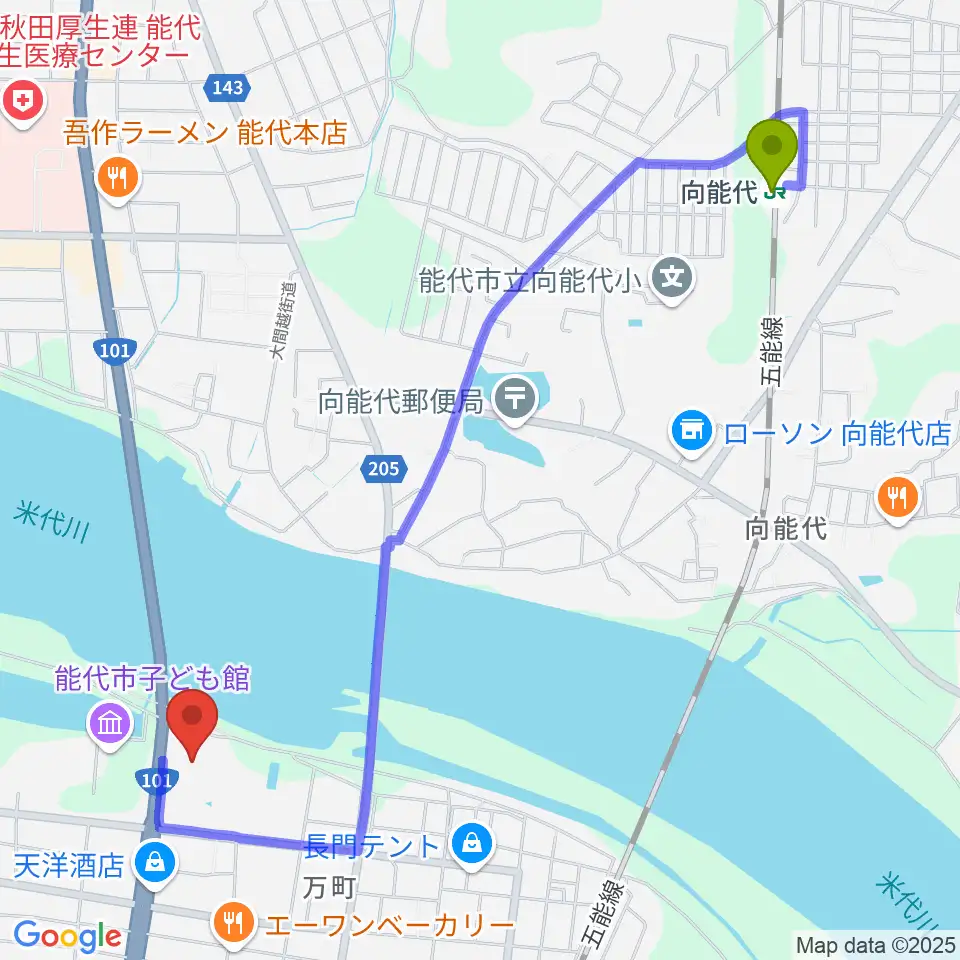 向能代駅から能代市総合体育館へのルートマップ地図