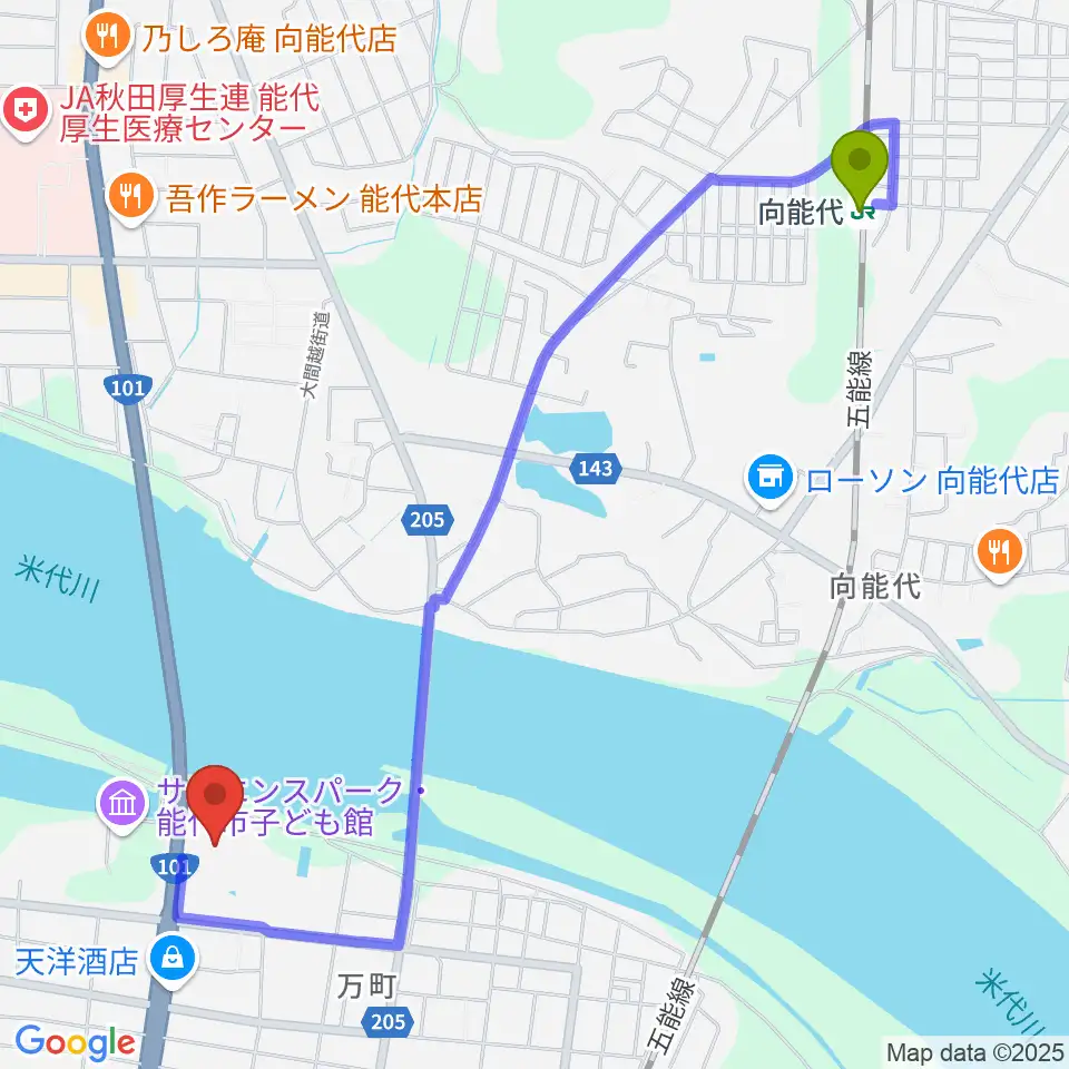 向能代駅からNODENアリーナへのルートマップ地図