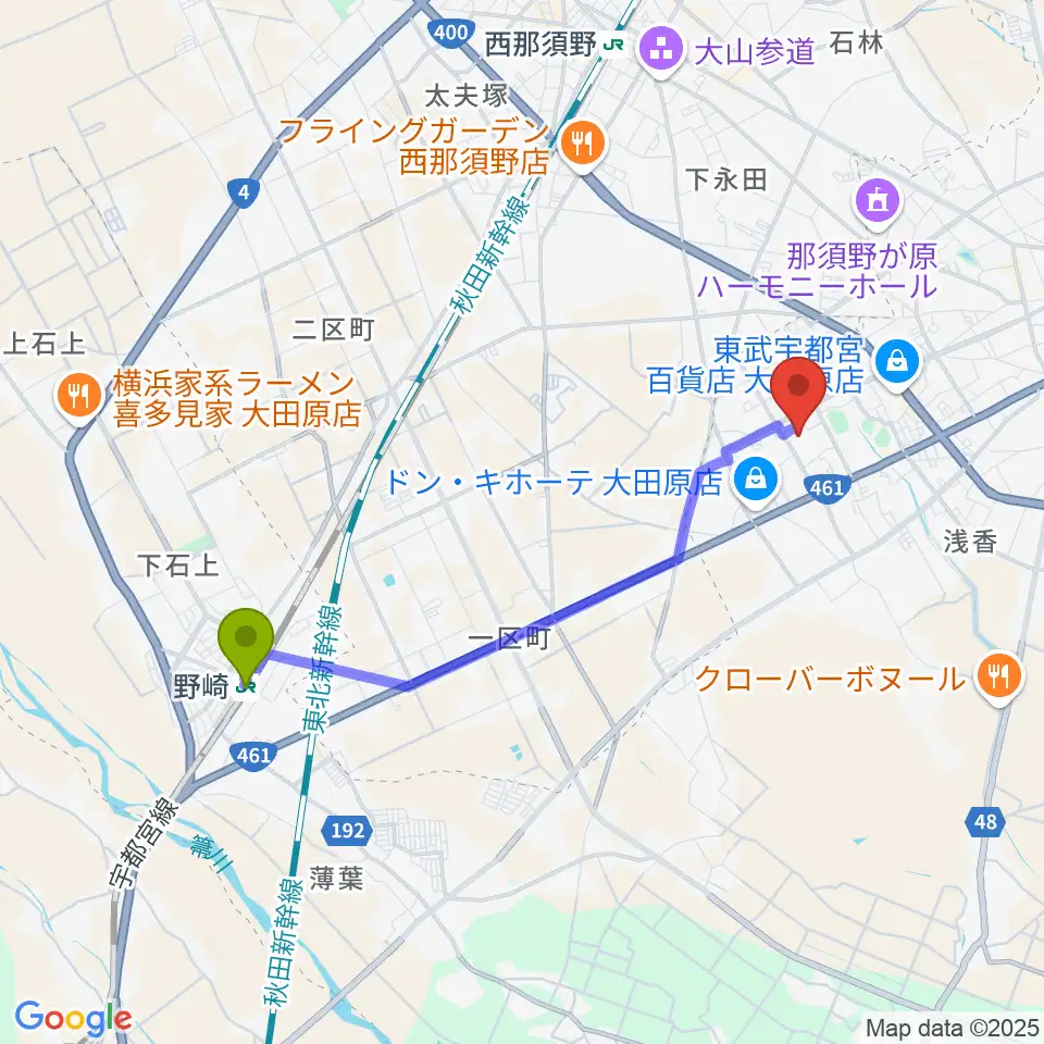 野崎駅から栃木県立県北体育館へのルートマップ地図