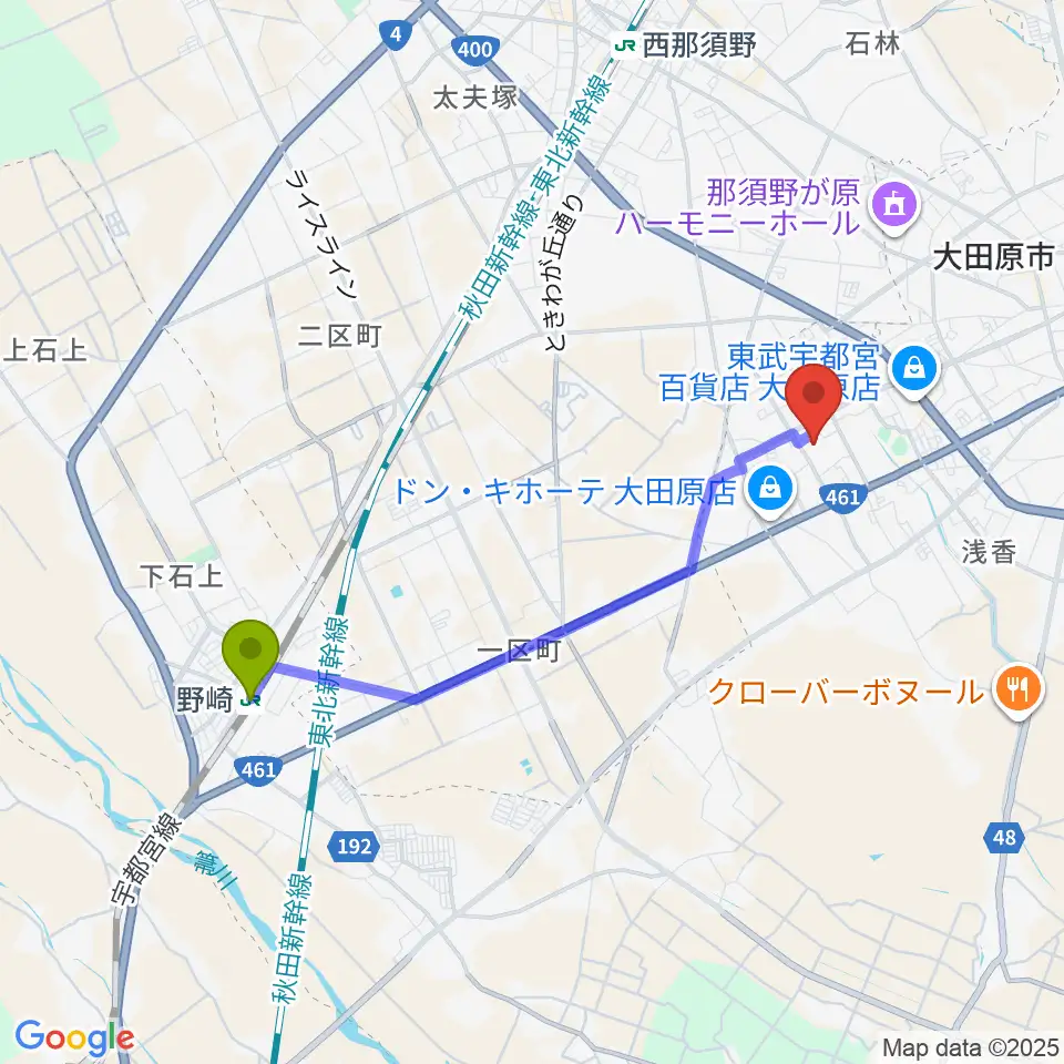 野崎駅から栃木県立県北体育館へのルートマップ地図