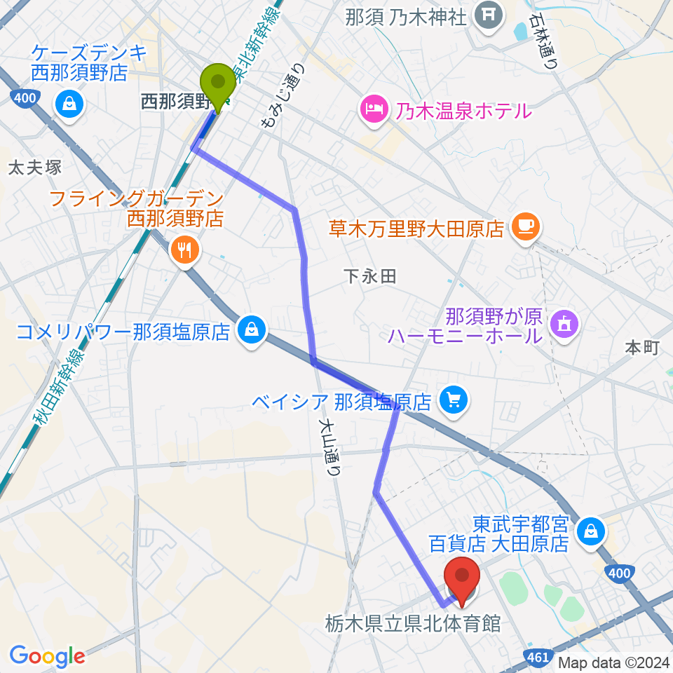 栃木県立県北体育館の最寄駅西那須野駅からの徒歩ルート（約50分）地図