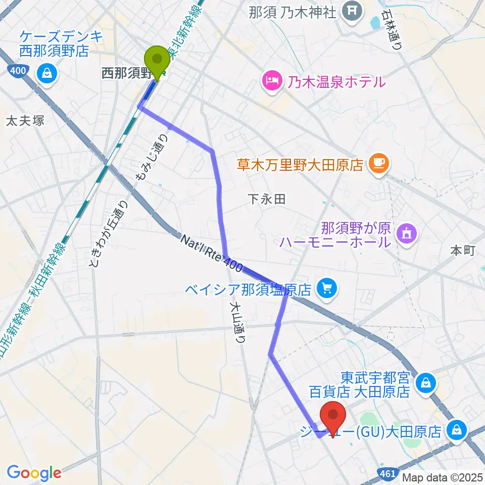 栃木県立県北体育館の最寄駅西那須野駅からの徒歩ルート（約50分）地図