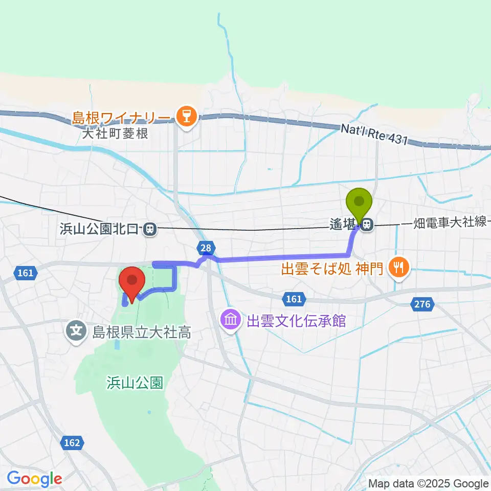 遙堪駅から島根県立浜山体育館カミアリーナへのルートマップ地図