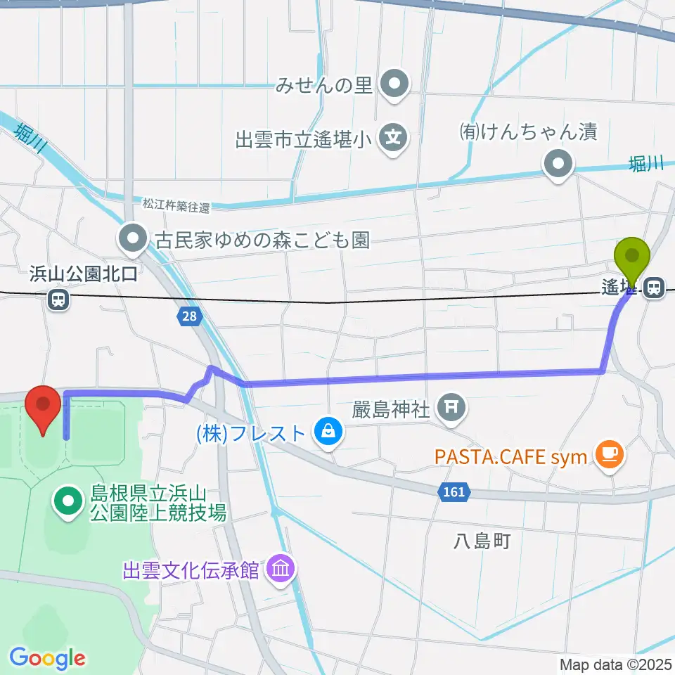 遙堪駅から島根県立浜山公園補助競技場へのルートマップ地図