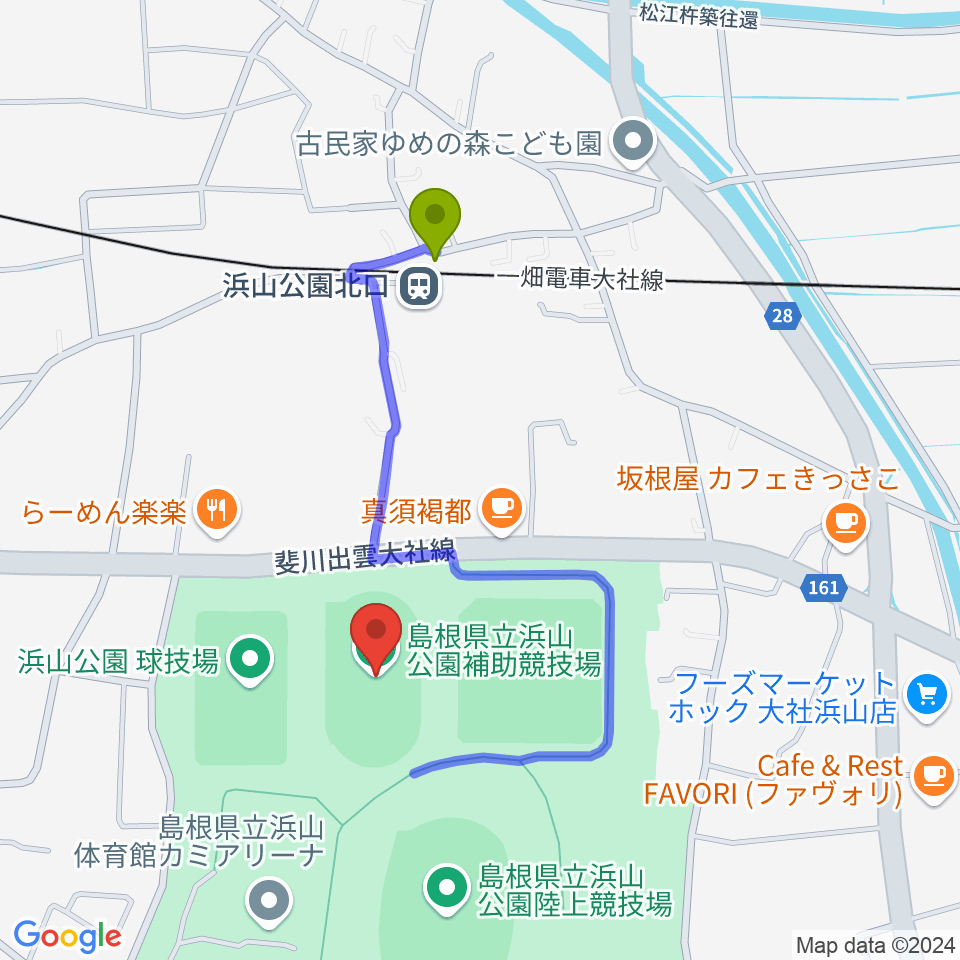 島根県立浜山公園補助競技場の最寄駅浜山公園北口駅からの徒歩ルート（約7分）地図