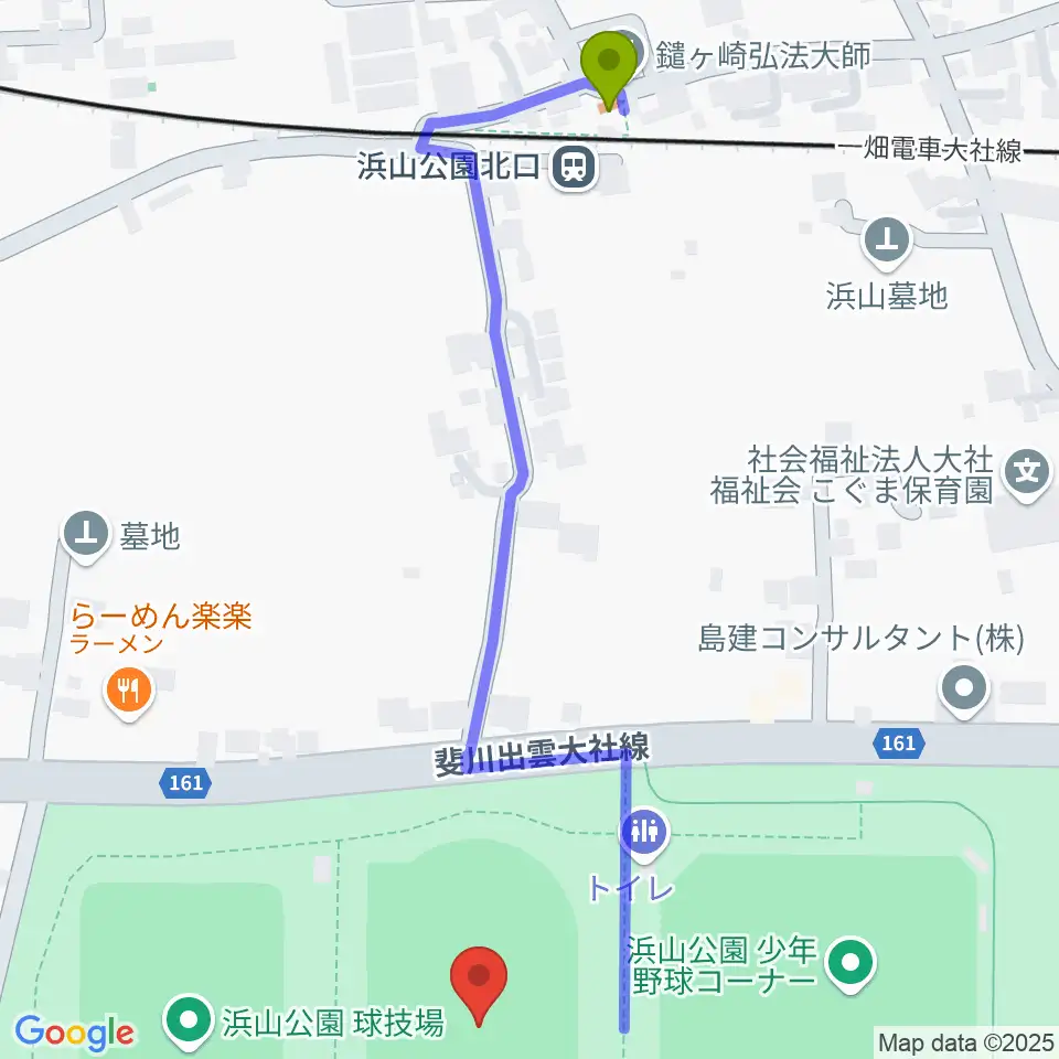 島根県立浜山公園補助競技場の最寄駅浜山公園北口駅からの徒歩ルート（約7分）地図