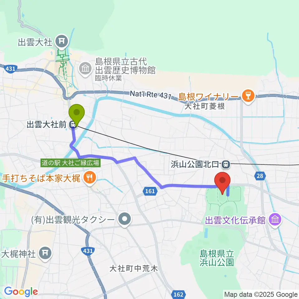 出雲大社前駅から島根県立浜山公園補助競技場へのルートマップ地図