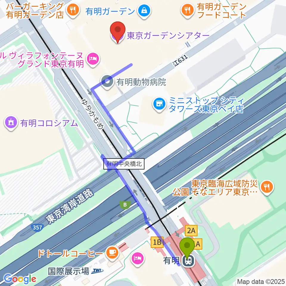 東京ガーデンシアターの最寄駅有明駅からの徒歩ルート（約6分）地図