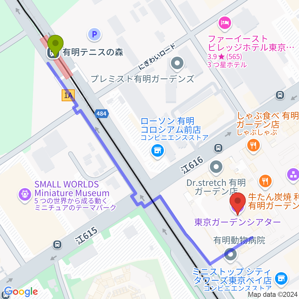 有明テニスの森駅から東京ガーデンシアターへのルートマップ地図