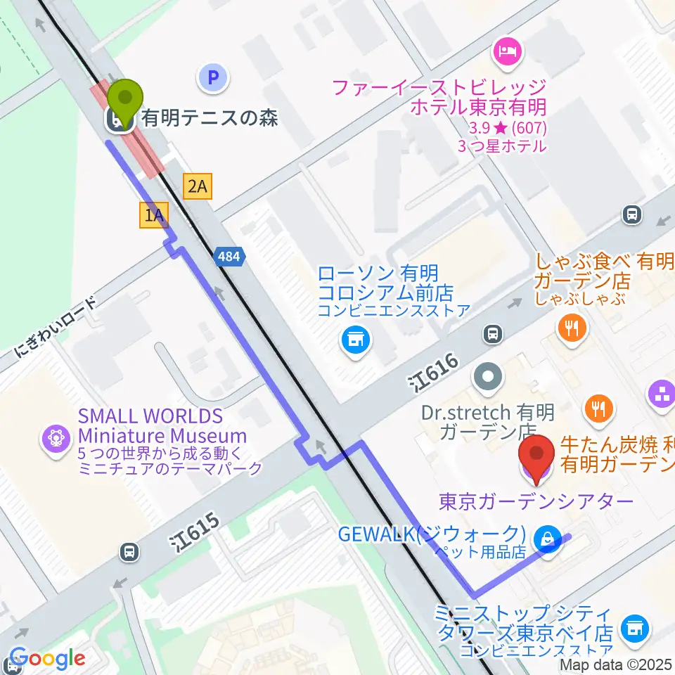 有明テニスの森駅から東京ガーデンシアターへのルートマップ地図