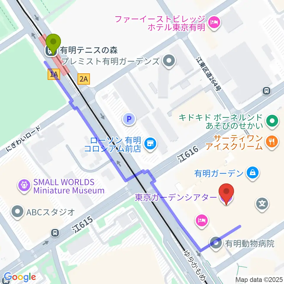 有明テニスの森駅から東京ガーデンシアターへのルートマップ地図