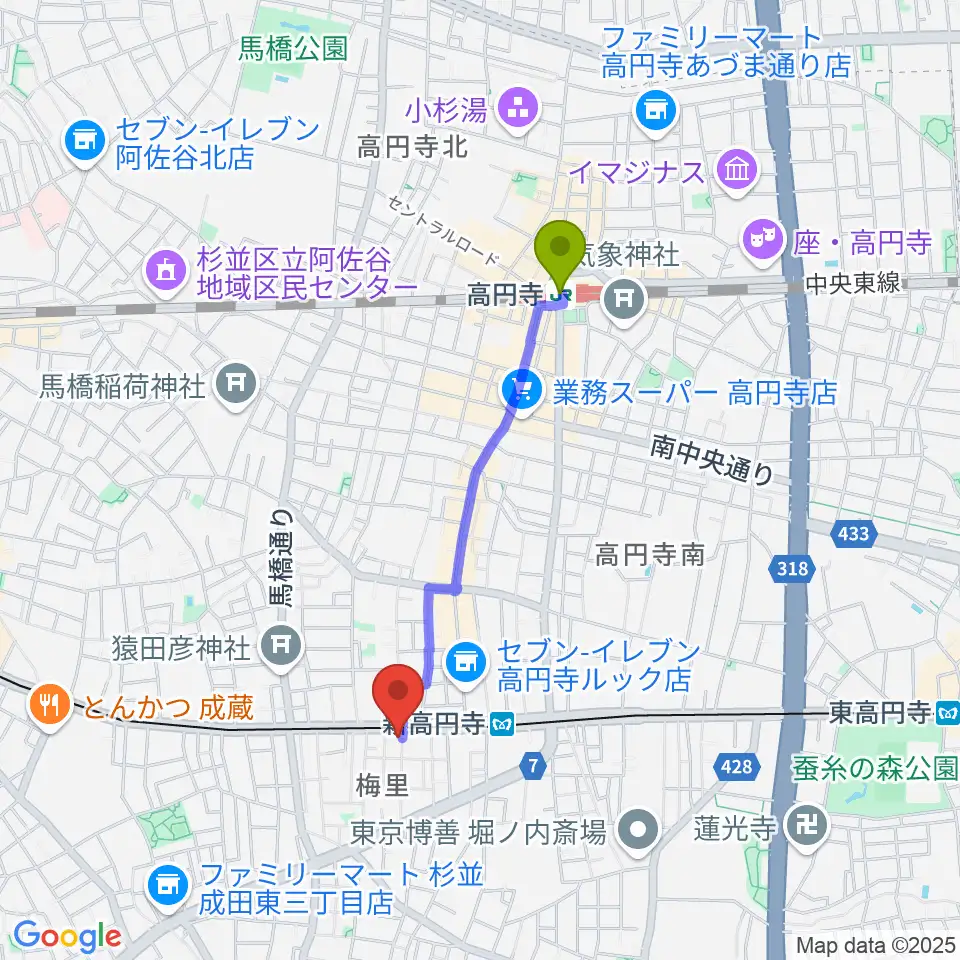 高円寺駅から新高円寺LOFT Xへのルートマップ地図