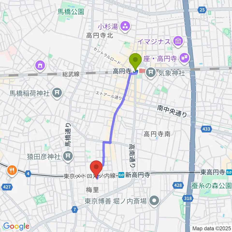 高円寺駅から新高円寺LOFT Xへのルートマップ地図
