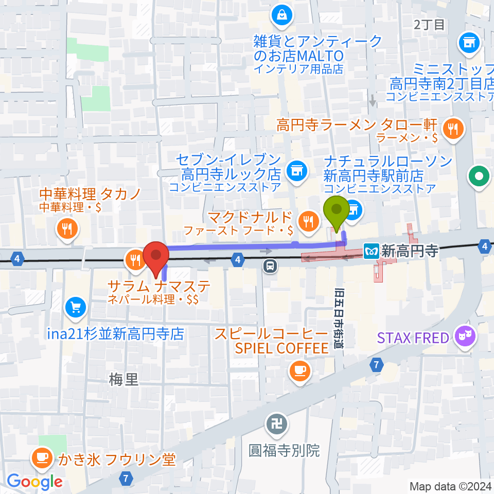 新高円寺LOFT Xの最寄駅新高円寺駅からの徒歩ルート（約3分）地図