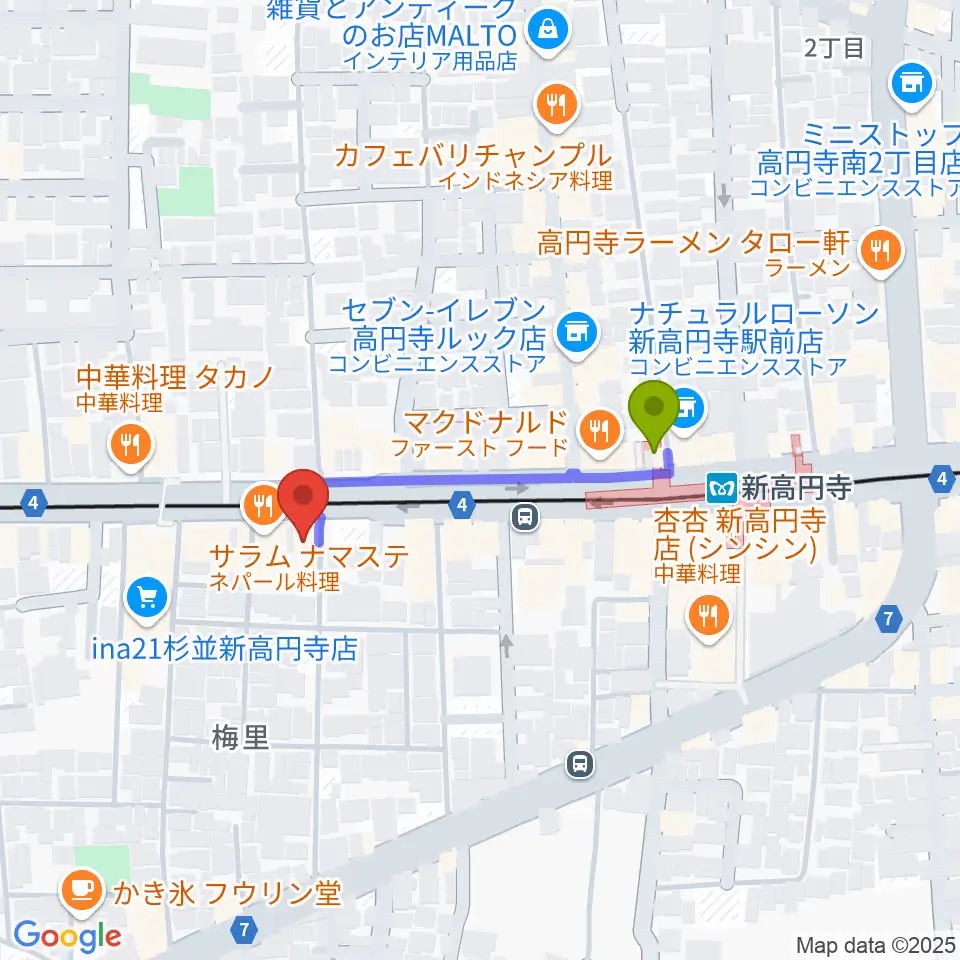 新高円寺LOFT Xの最寄駅新高円寺駅からの徒歩ルート（約3分）地図