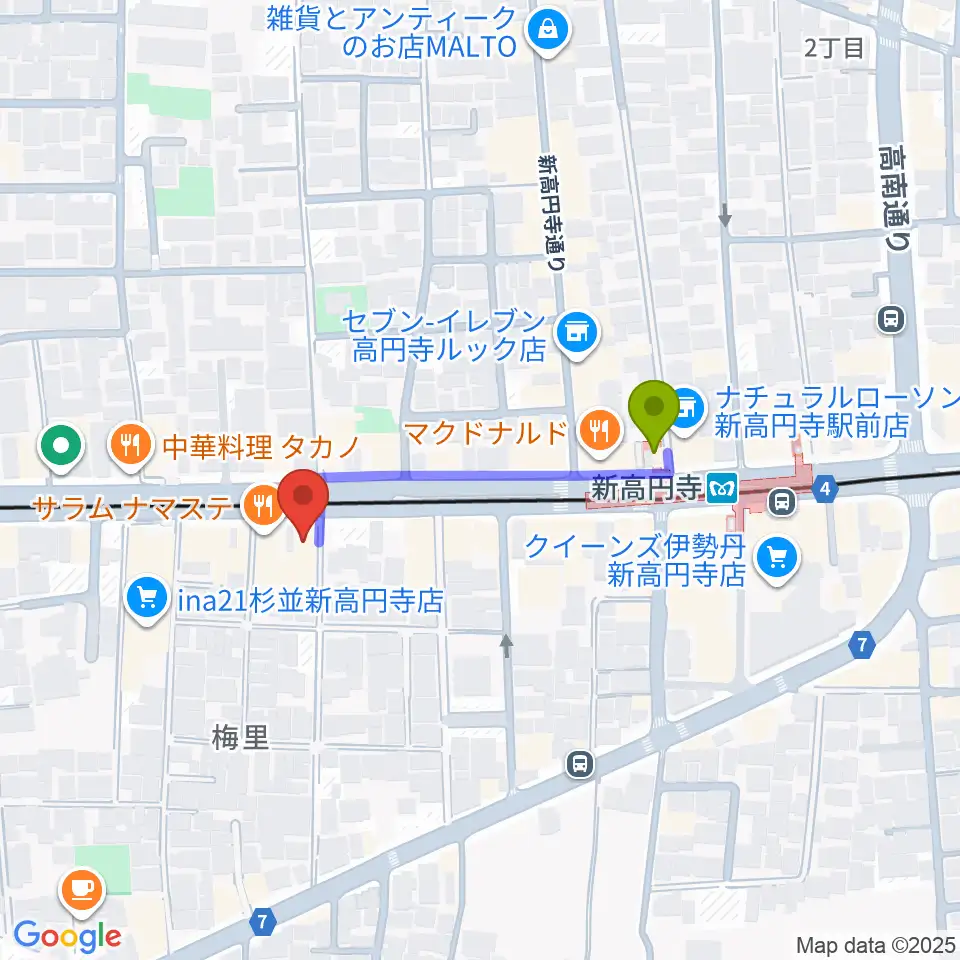 新高円寺LOFT Xの最寄駅新高円寺駅からの徒歩ルート（約3分）地図