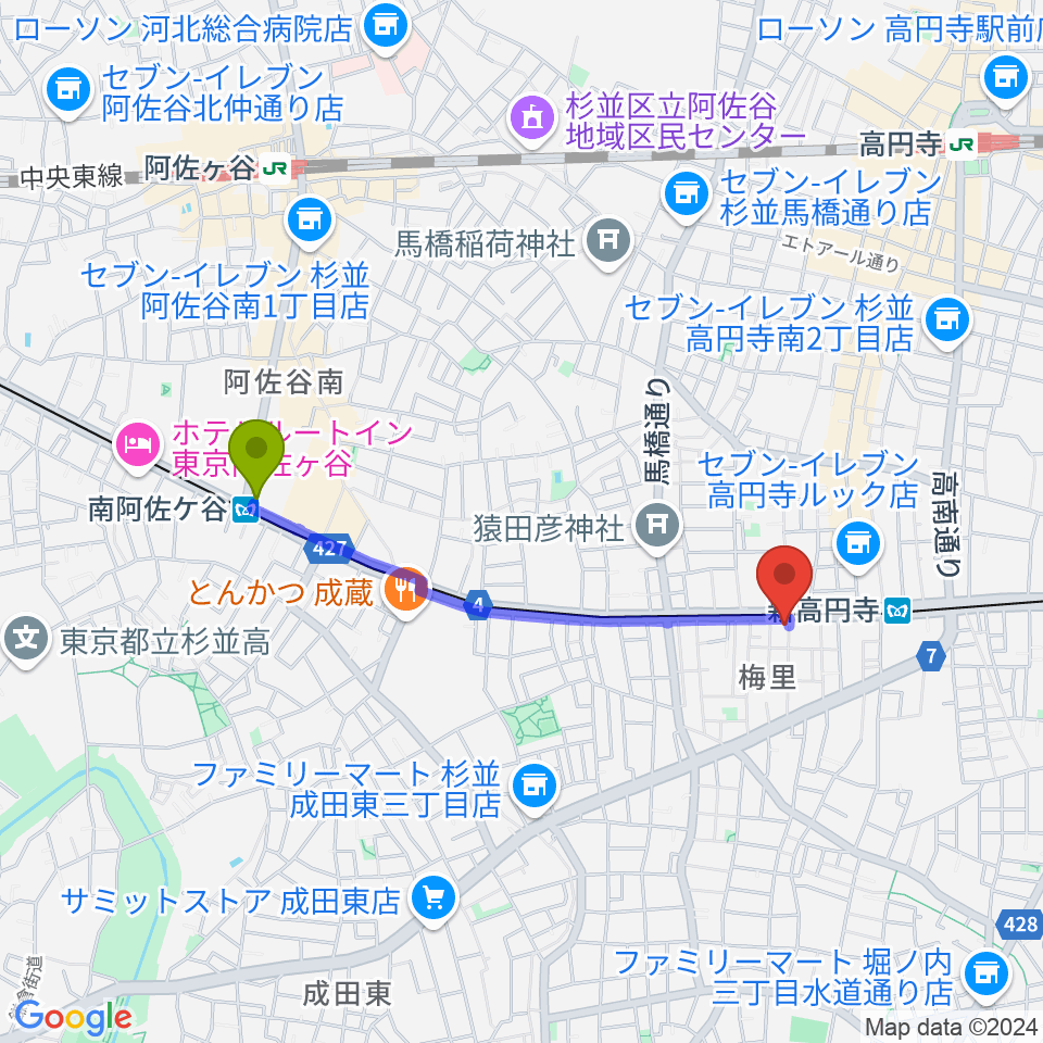 南阿佐ケ谷駅から新高円寺LOFT Xへのルートマップ地図