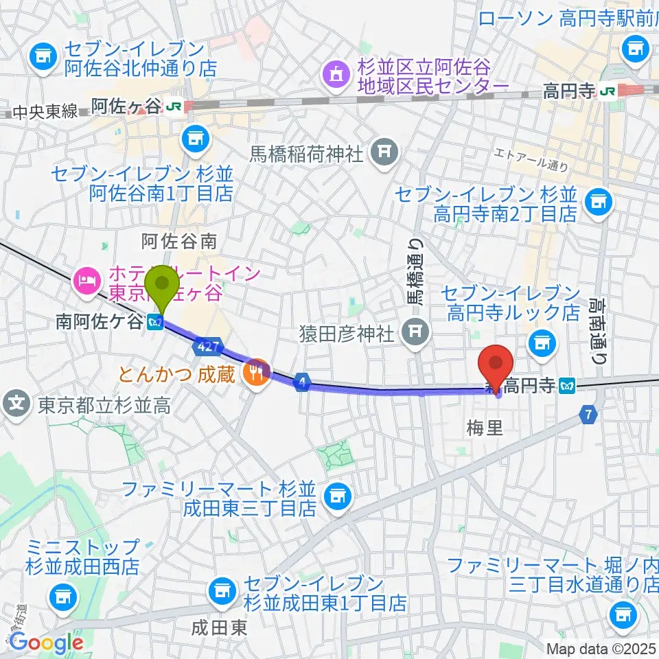 南阿佐ケ谷駅から新高円寺LOFT Xへのルートマップ地図