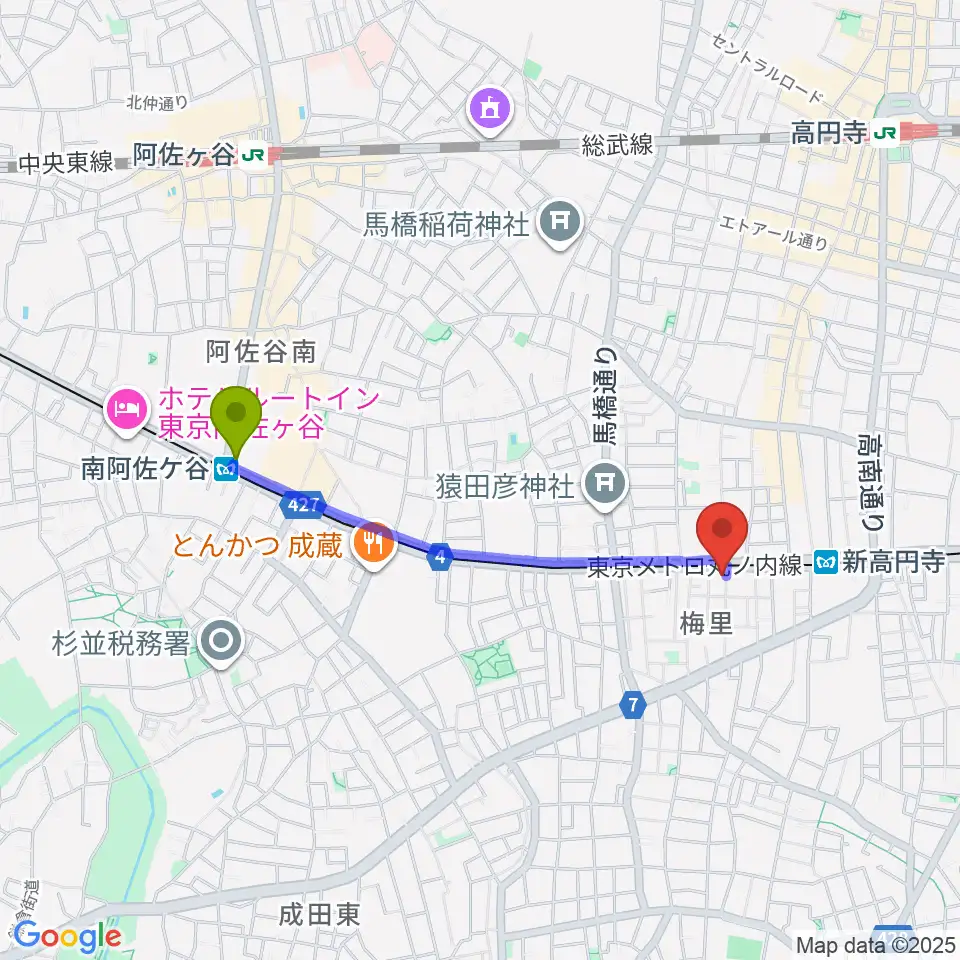 南阿佐ケ谷駅から新高円寺LOFT Xへのルートマップ地図