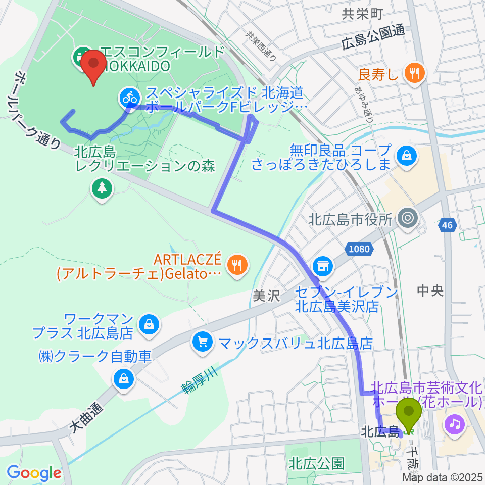 エスコンフィールドHOKKAIDOの最寄駅北広島駅からの徒歩ルート（約27分）地図