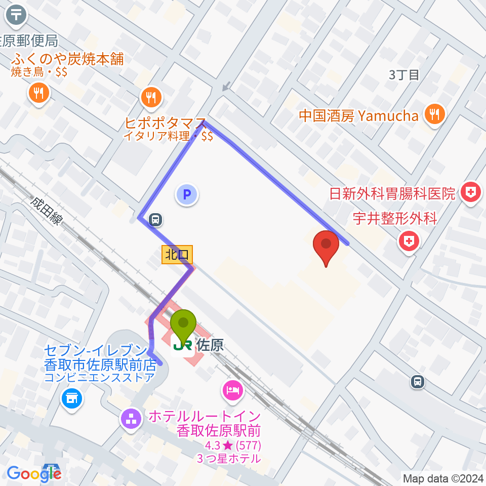 香取市佐原文化会館の最寄駅佐原駅からの徒歩ルート（約3分）地図