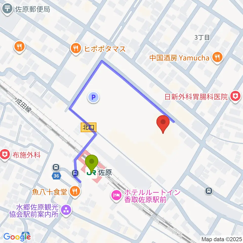 香取市佐原文化会館の最寄駅佐原駅からの徒歩ルート（約3分）地図