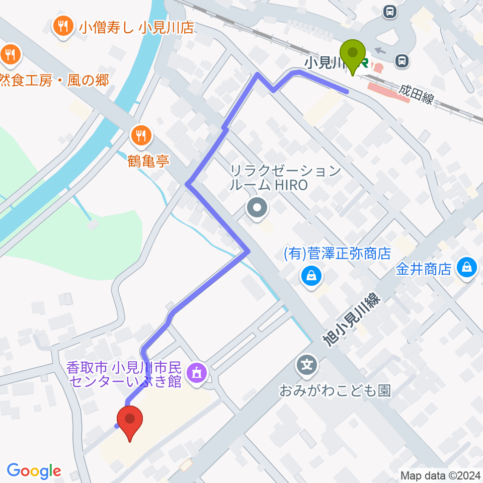 小見川市民センターいぶき館の最寄駅小見川駅からの徒歩ルート（約7分）地図