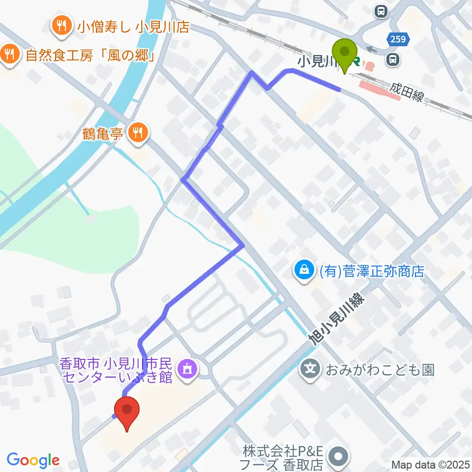 小見川市民センターいぶき館の最寄駅小見川駅からの徒歩ルート（約7分）地図