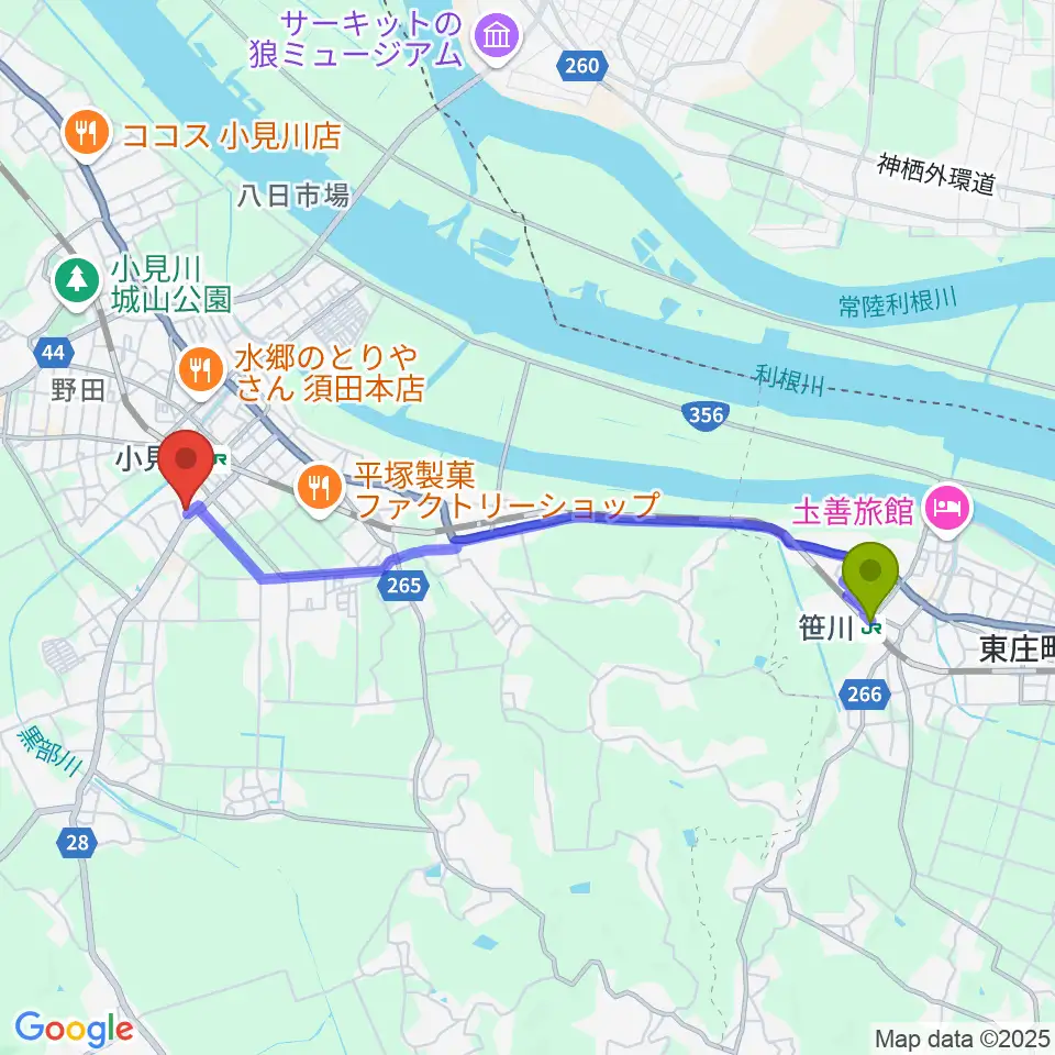 笹川駅から小見川市民センターいぶき館へのルートマップ地図