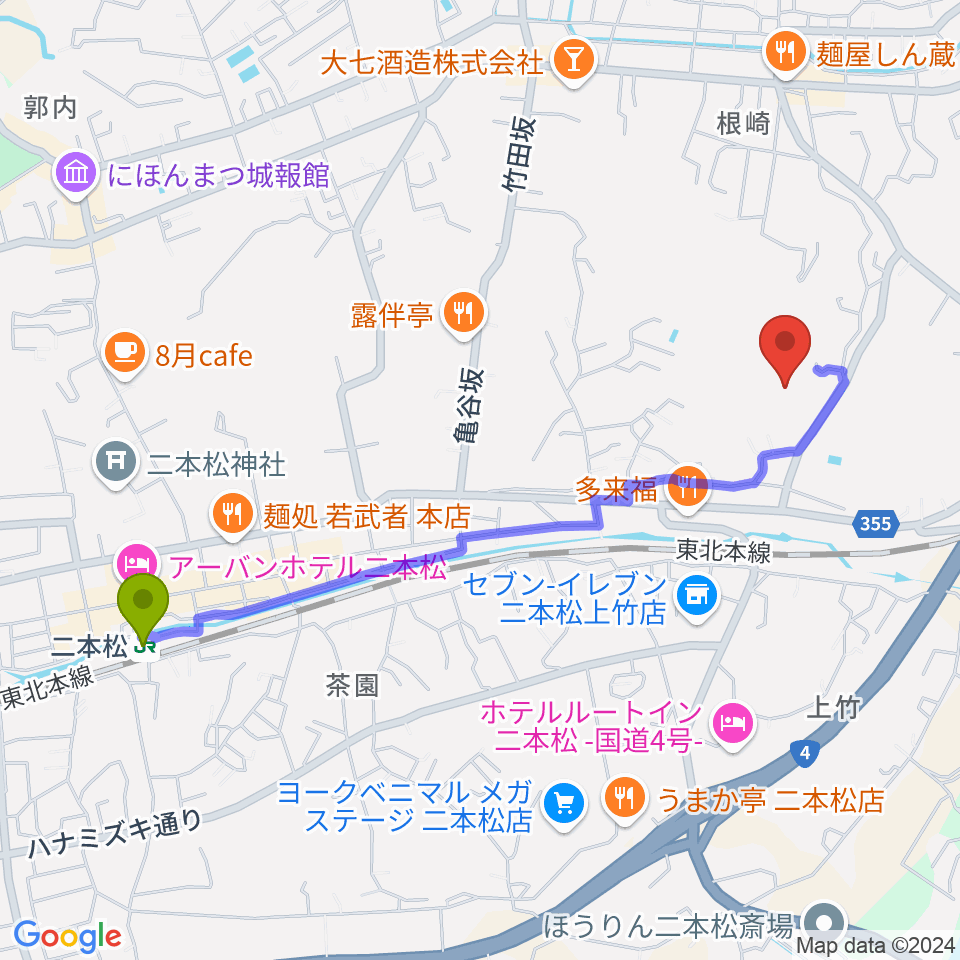 二本松市民会館の最寄駅二本松駅からの徒歩ルート（約22分）地図