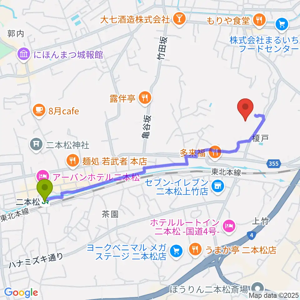 二本松市民会館の最寄駅二本松駅からの徒歩ルート（約22分）地図