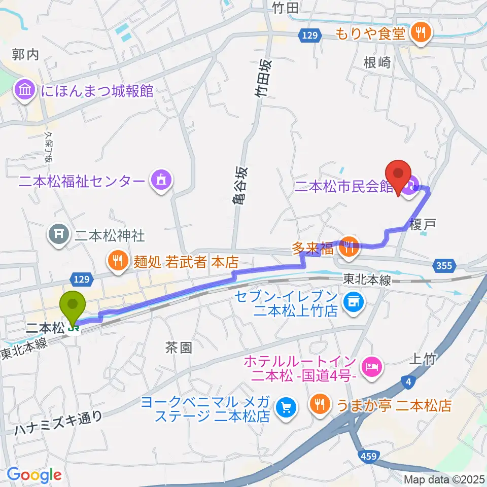 二本松市民会館の最寄駅二本松駅からの徒歩ルート（約22分）地図