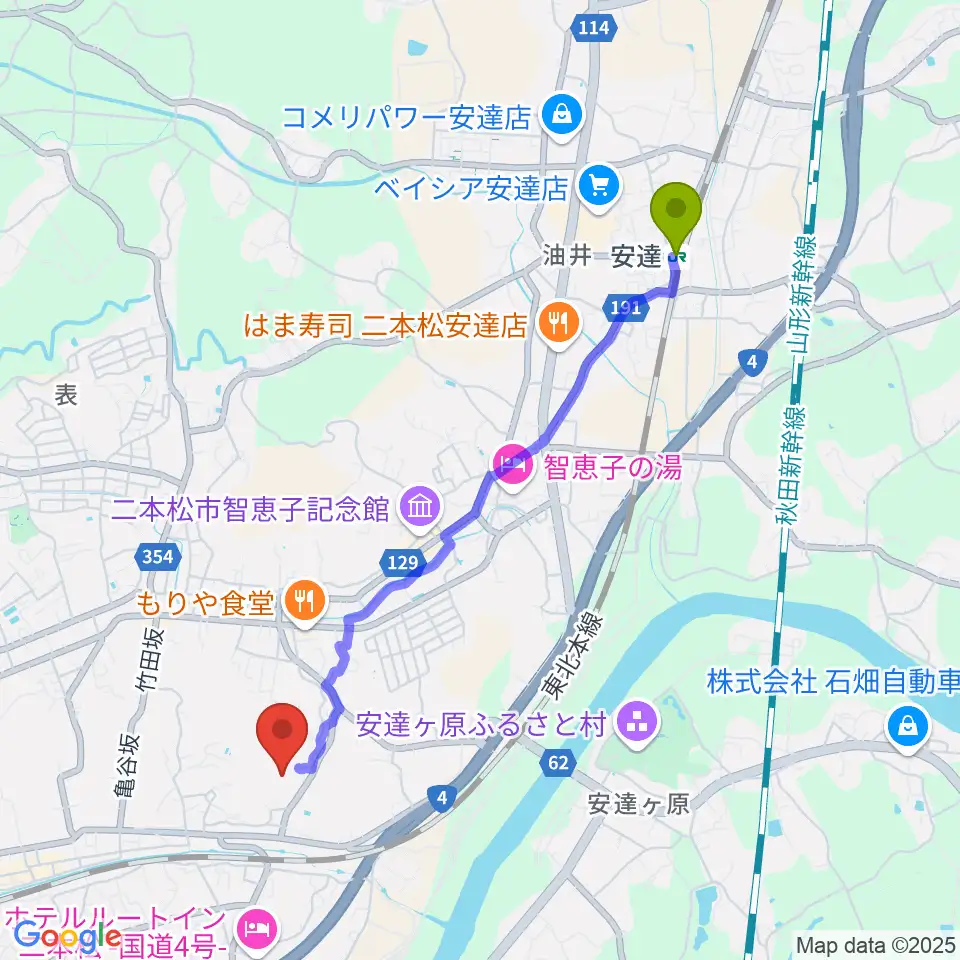 安達駅から二本松市民会館へのルートマップ地図