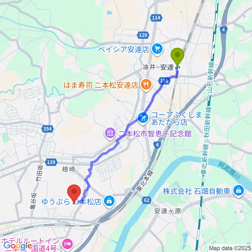 安達駅から二本松市民会館へのルートマップ地図