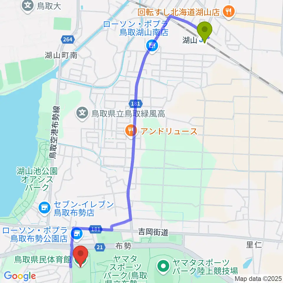 鳥取県民体育館の最寄駅湖山駅からの徒歩ルート（約28分）地図