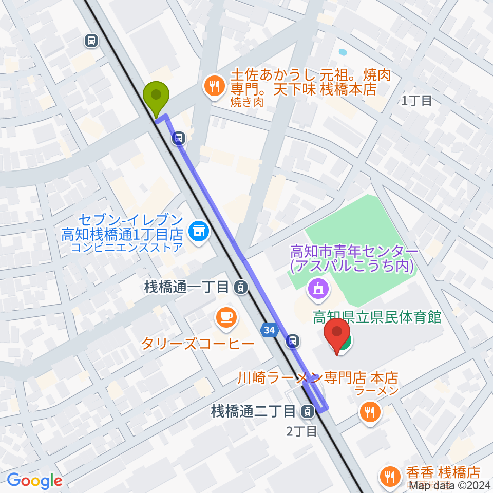 桟橋通一丁目駅から高知県立県民体育館へのルートマップ地図