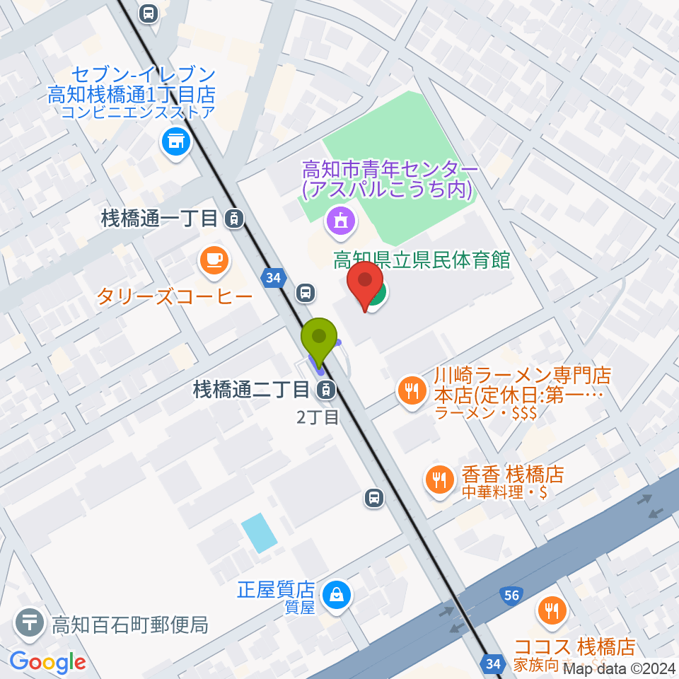 高知県立県民体育館の最寄駅桟橋通二丁目駅からの徒歩ルート（約1分）地図