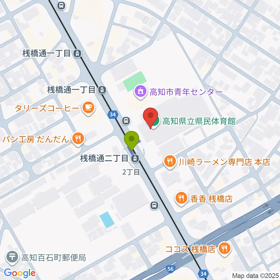 高知県立県民体育館の最寄駅桟橋通二丁目駅からの徒歩ルート（約1分）地図