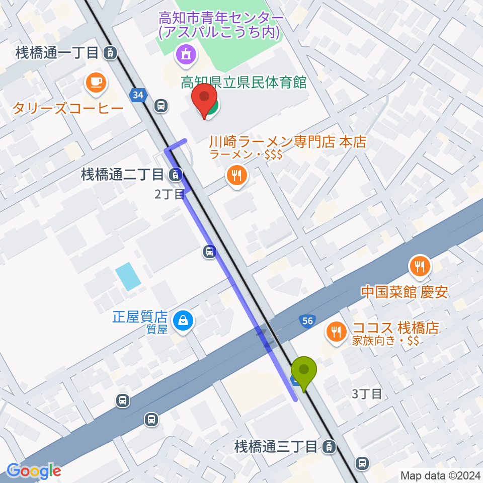 桟橋通三丁目駅から高知県立県民体育館へのルートマップ地図