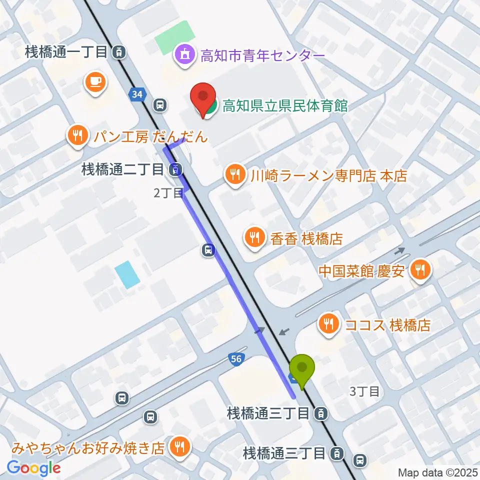 桟橋通三丁目駅から高知県立県民体育館へのルートマップ地図
